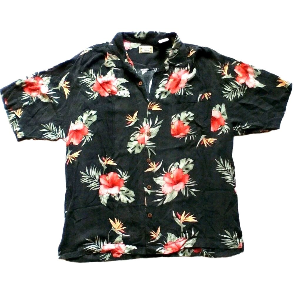 Bungalow Brand Mens Hawaiian Shirt Large L Rayon Black Red Hibiscus Floral Short
